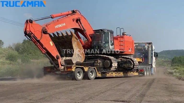 Camião semirreboque de plataforma baixa para transporte de escavadora HITACHI com capacidade de carga eficiente