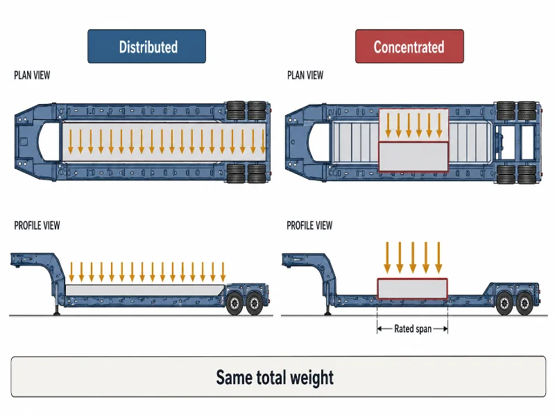 Diagrama mostrando a mesma carga distribuída pelo poço e compactada em um vão nominal menor