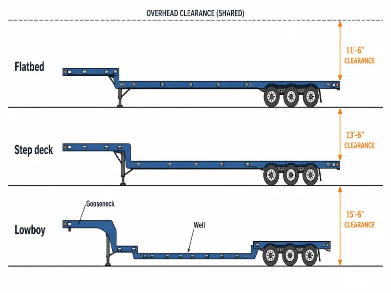 Perfil lateral comparando onde o deck fica em um flatbed, um deck de degraus e um trailer lowboy