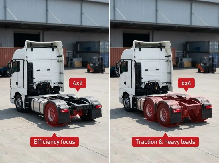 Comparação lado a lado entre caminhões-trator Shacman 4x2 e 6x4 com eixos motrizes destacados