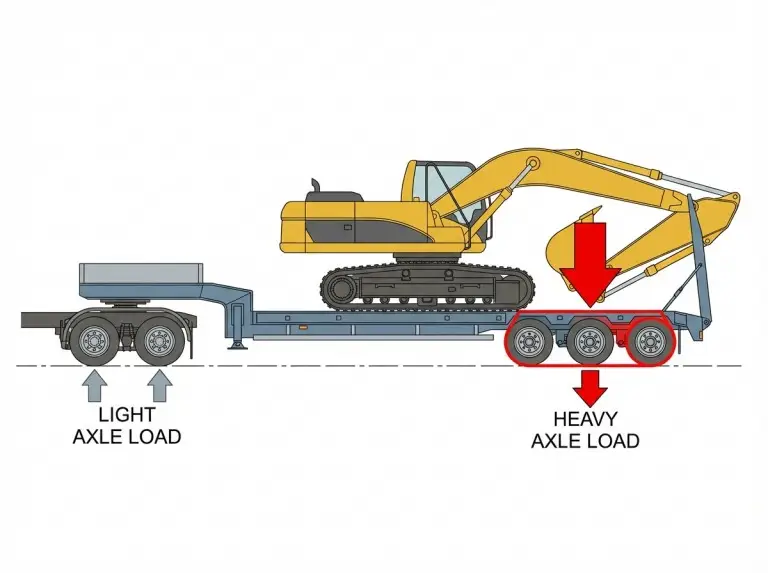 Diagrama em vista lateral mostrando distribuição desigual da carga por eixo ao puxar uma escavadeira em um reboque de cama baixa