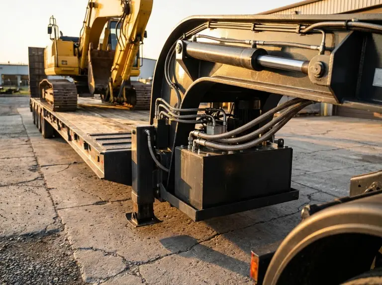 Close-up do sistema hidráulico no reboque