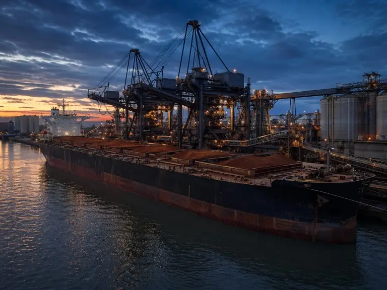 Um grande navio graneleiro atracou em um terminal portuário industrial de águas profundas, guindastes carregando minério de ferro em porões abertos ao entardecer