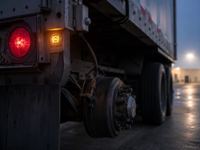 Luz de aviso ABS de trailer âmbar acesa perto da luz de marcação traseira na extremidade da roda de um semi-reboque