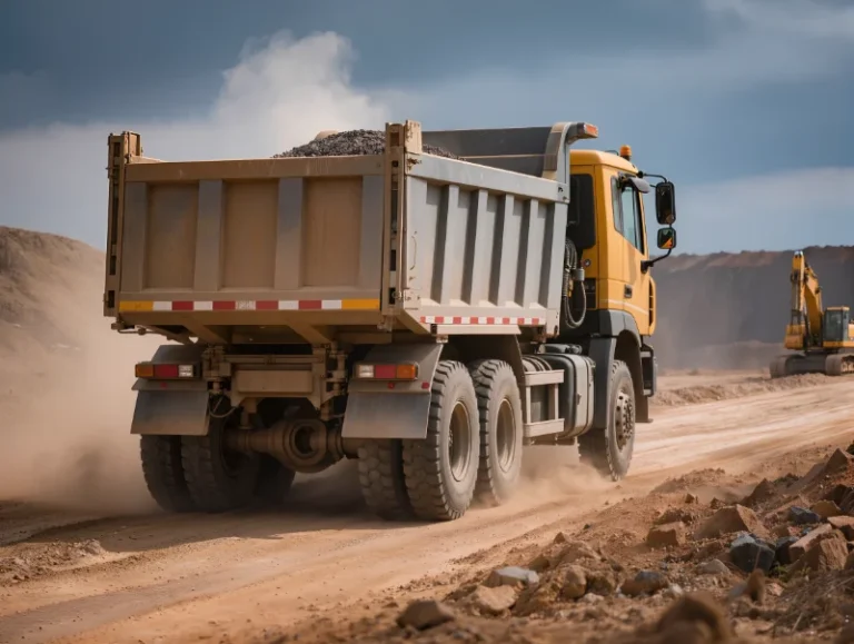 Caminhão basculante HOWO 6x4 carregado transportando agregados em uma estrada não pavimentada